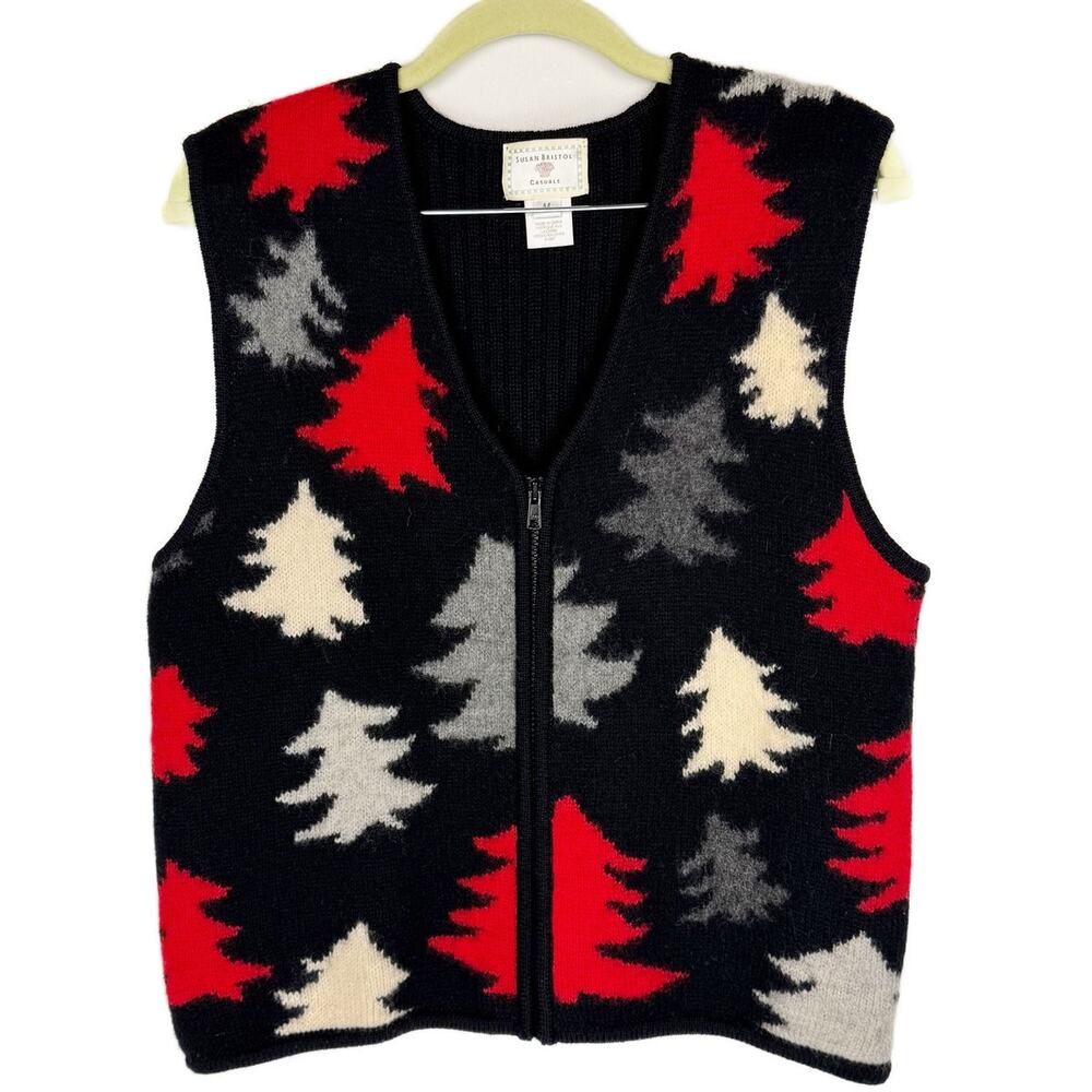 Susan Bristol Christmas Tree‎ Wool Zip V Neck Fuzzy Knit Sweater Vest Medium